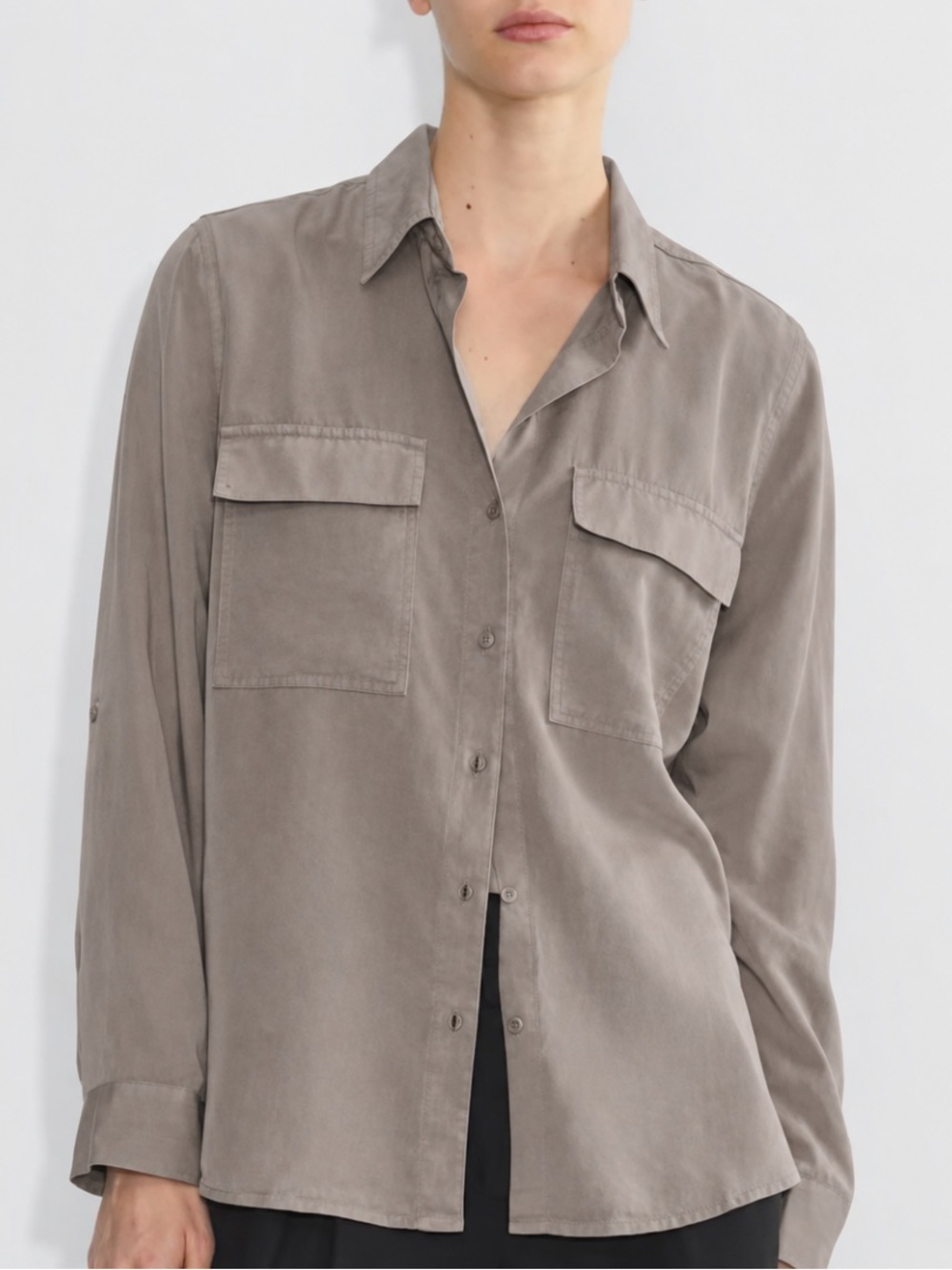 Babaton Aritzia Utility Button Down Shirt in Taupe